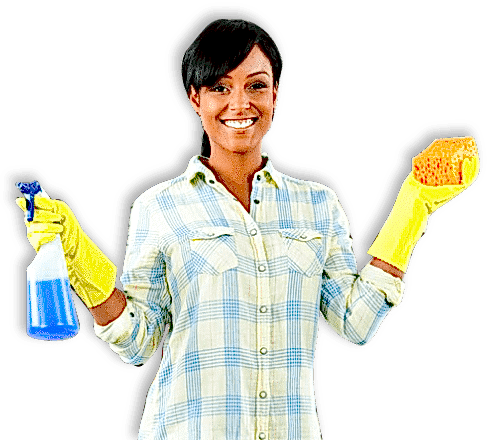 A woman holding two cleaning supplies and posing for the camera.