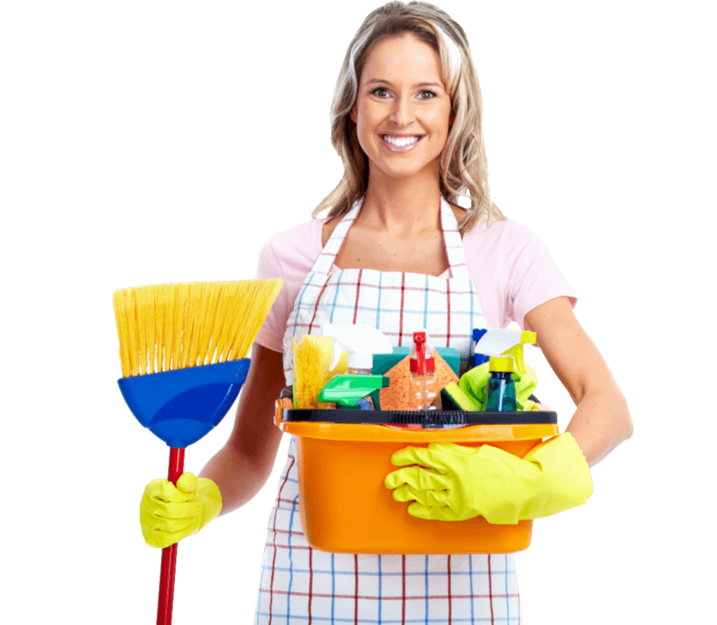 A woman holding a cleaning supplies bucket and mop.